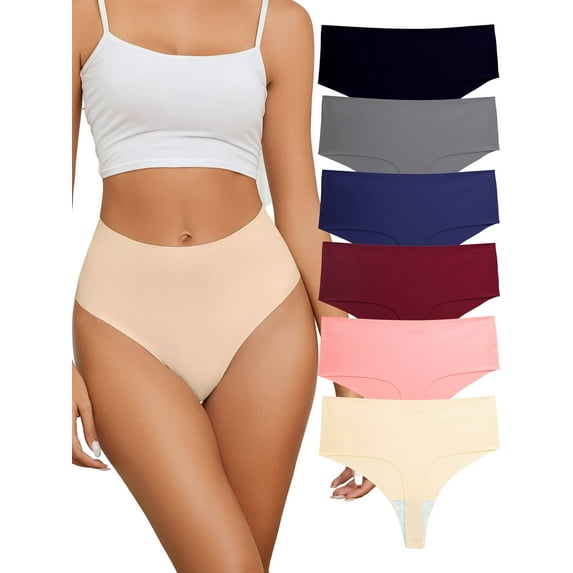 Buankoxy Womens Underwear High Waisted Seamless Thongs for Women Breathable No Show Panties for Ladies 6 Pack,Size 6