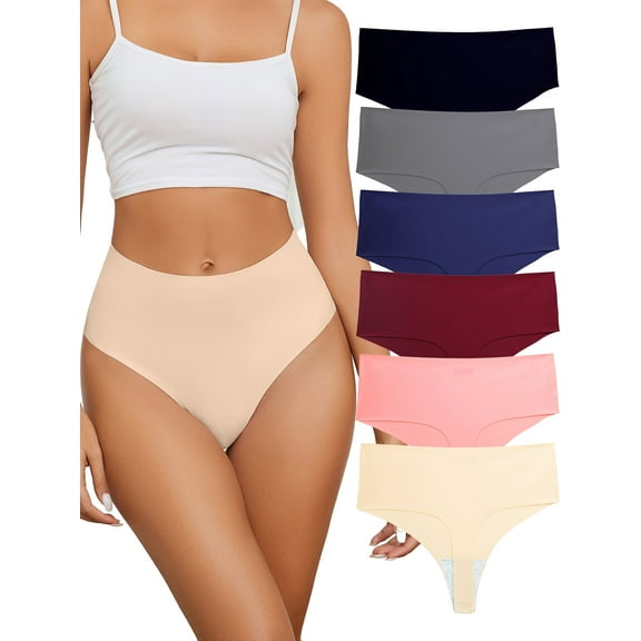 Buankoxy Womens Underwear High Waisted Seamless Thongs for Women Breathable No Show Panties for Ladies 6 Pack,Size 7