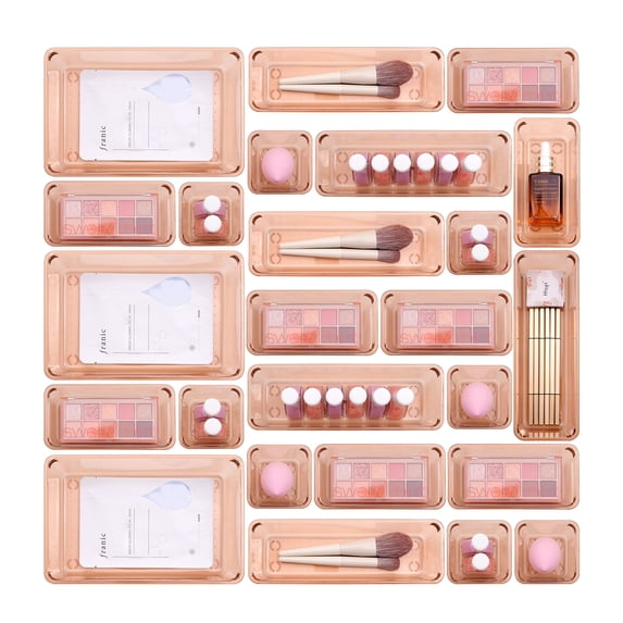 Buanson 25 PCS Plastic Drawer Organizers Set, 4-Size Drawer Organizer Trays for Makeup, Kitchen Gadgets & Office -Coffee