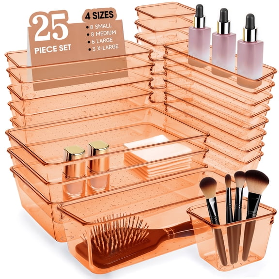 Buanson 25 PCS Plastic Drawer Organizers Set, 4-Size Drawer Organizer Trays for Makeup, Kitchen Gadgets & Office -Coffee