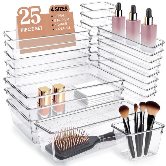 Buanson 25 PCS Plastic Drawer Organizers Set, 4-Size Clear Storage Bins for Bathroom, Kitchen, Makeup & Office (Clear)