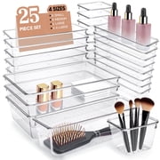 Buanson 25 PCS Plastic Drawer Organizers Set, 4-Size Clear Storage Bins for Bathroom, Kitchen, Makeup & Office (Clear)