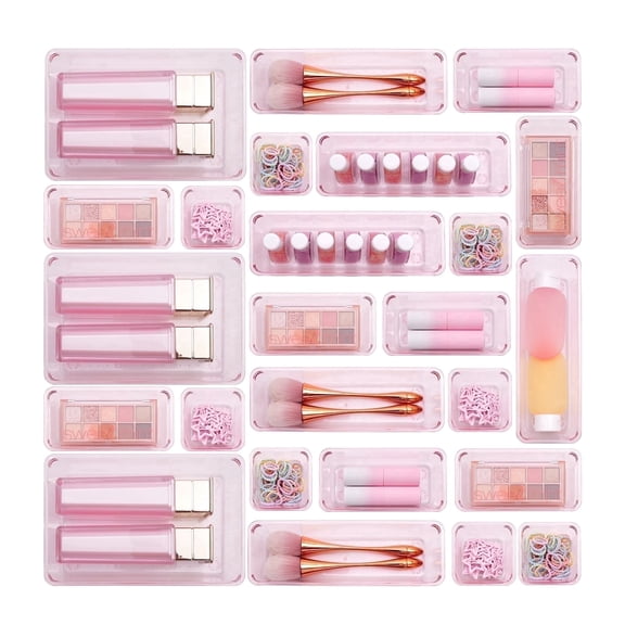 Buanson 25 PCS Plastic Drawer Organizers Set, 4-Size Versatile Bathroom & Vanity Drawer Organizer Trays, Storage Bins for Makeup (Pink)