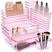 Buanson 25 PCS Plastic Drawer Organizers Set, 4-Size Versatile Bathroom & Vanity Drawer Organizer Trays, Storage Bins for Makeup Pink