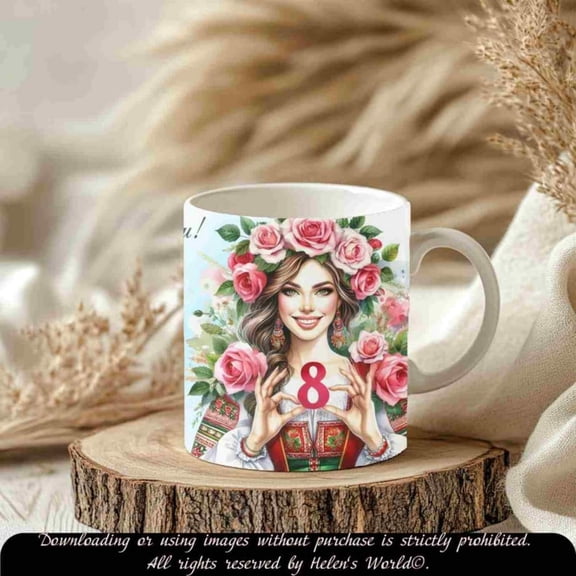 Buarian Woman Mug with Pink Roses March Gift Her Traditional Folk Costume Coffee Cup Pernalized oz Mug.