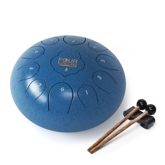 Buballino 10'' Carbon Steel Tongue Drum 11-Tone Set - Drumsticks, Pad, Finger Guards & Scale Stickers Included，Blue