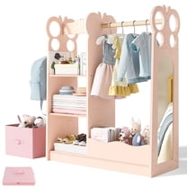 Buballino Kids Dress Up Storage, Butterfly Style, 2-5 Year, with Mirror, 1 Drawer, 4 Hangers, 3 Hooks, Pink, Wood, 1 Pack, 39.8 x 33.5 x 13.8 Inch