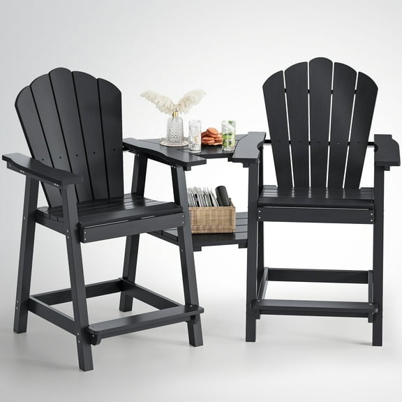 Buballino 2-Piece Bar Height Adirondack Chairs, Wooden Patio Set and Double Layer Connecting Tray - Set of 2, Black