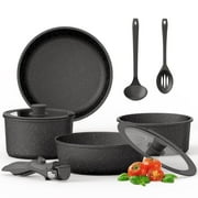 Buballino 4-Piece Detachable Handle Cookware Set with Inorganic Silicon Coating (Non-Stick, Easy Clean) for Stewing, Hotpot, Stir-Frying & Food Storage, Includes 2 Bonus Kitchen Tools