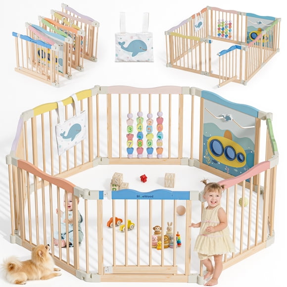 Buballino 8-Panel Kids Safety Fence Set - 100% Solid Pine Wood, 23.2" W x 23.6" H Per Panel, Easy Assembly for Play Areas