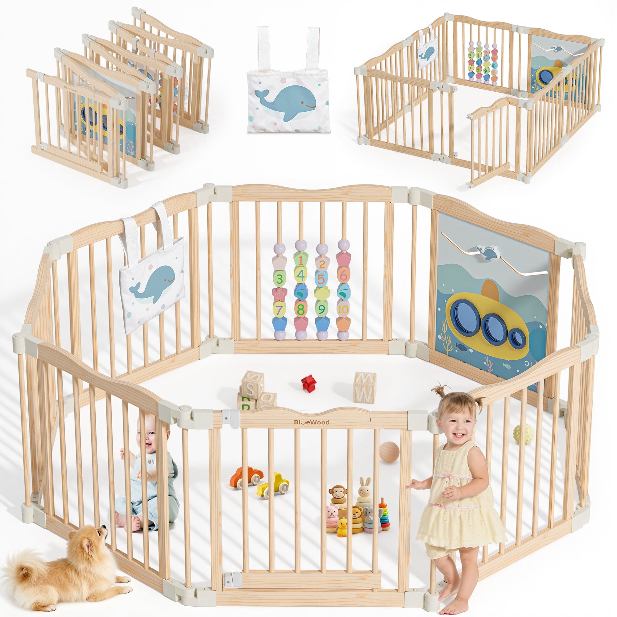 Woodty 8-Panel Kids Safety Fence Set - 100% Solid Pine Wood, 23.2" W x 23.6" H Per Panel, Easy Assembly for Play Areas