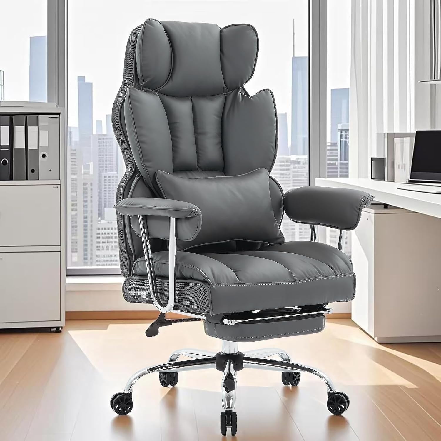 Woodty Executive Chair, PU Leather, High Back, Home Office, Gray (Set of 1)