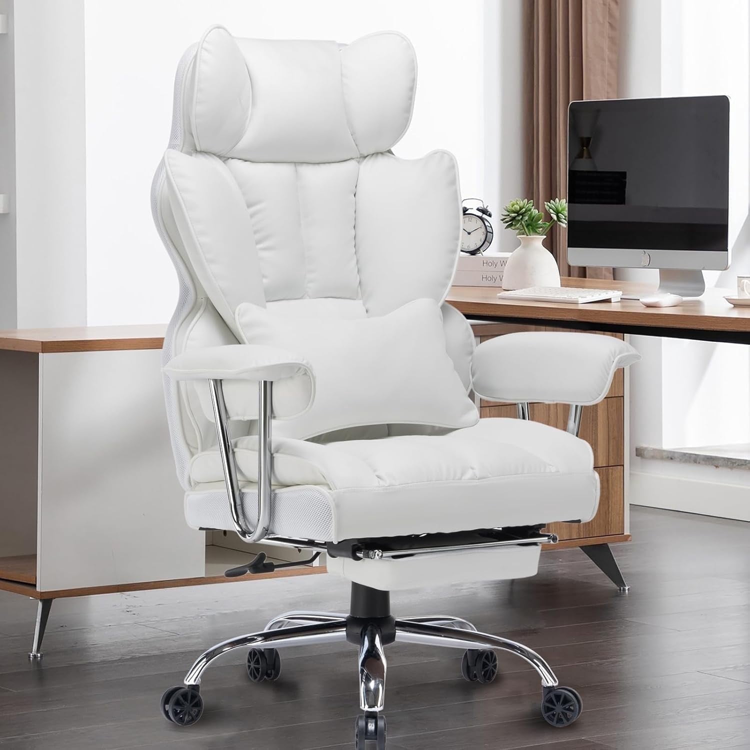 Woodty Adult PU High Back Indoor Commercial Adjustable Armrests and Lumbar Support Office Chairs, White