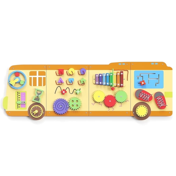 Buballino Large Wooden Bus-Themed Sensory Activity Wall Busy Board – Montessori Early Development Toy for Kids 6 Months to 6 Years