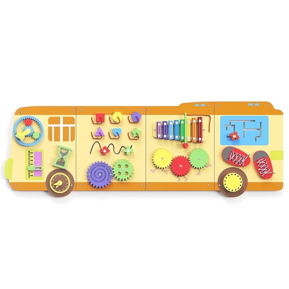 Buballino Large Wooden Bus-Themed Sensory Activity Wall Busy Board Montessori Early Development Toy for Kids 6 Months to 6 Years