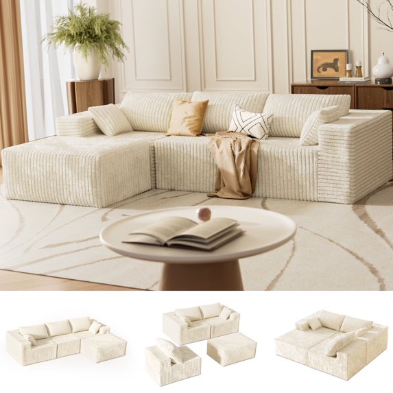 Woodty Living Room Sponge Sofa Combination, Wrinkle Resistant Wick Cotton and 30 Density Compressed Cotton, Equipped with 3 Pillows, 2 Throw Pillows, Detachable Cloth Cover, Beige
