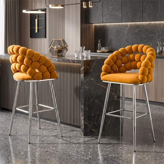 Bubble Bar Stools Set of 2, Modern Cloud Padded Counter Height Bar Chairs with Chrome Metal Legs, Upholstered Velvet Bubble Back Breakfast Bar Stools for Kitchen Island Home Bar, Orange