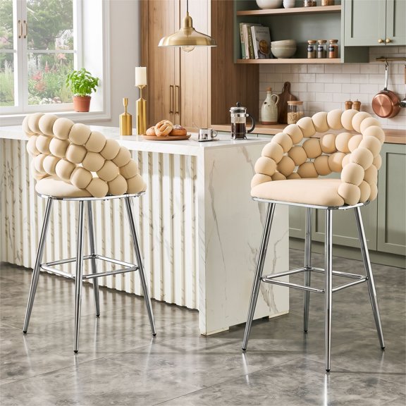 Bubble Bar Stools Set of 2, Modern Cloud Padded Counter Height Bar Chairs with Chrome Metal Legs, Upholstered Velvet Bubble Back Breakfast Bar Stools for Kitchen Island Home Bar, Beige