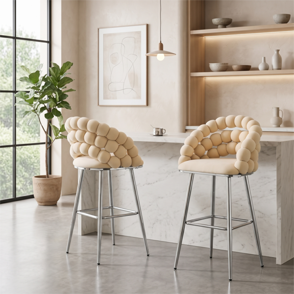 Bubble Bar Stools Set of 2, Modern Cloud Padded Counter Height Bar Chairs with Chrome Metal Legs, Upholstered Velvet Bubble Back Breakfast Bar Stools for Kitchen Island Home Bar, Beige