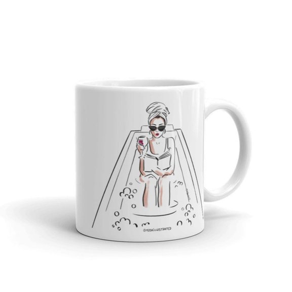 Bubble Bath Head Towel Fashion Illustration Series coffee mug, birthday present, wine lover, red lip art, gift idea, tea cup, cute drinkware.