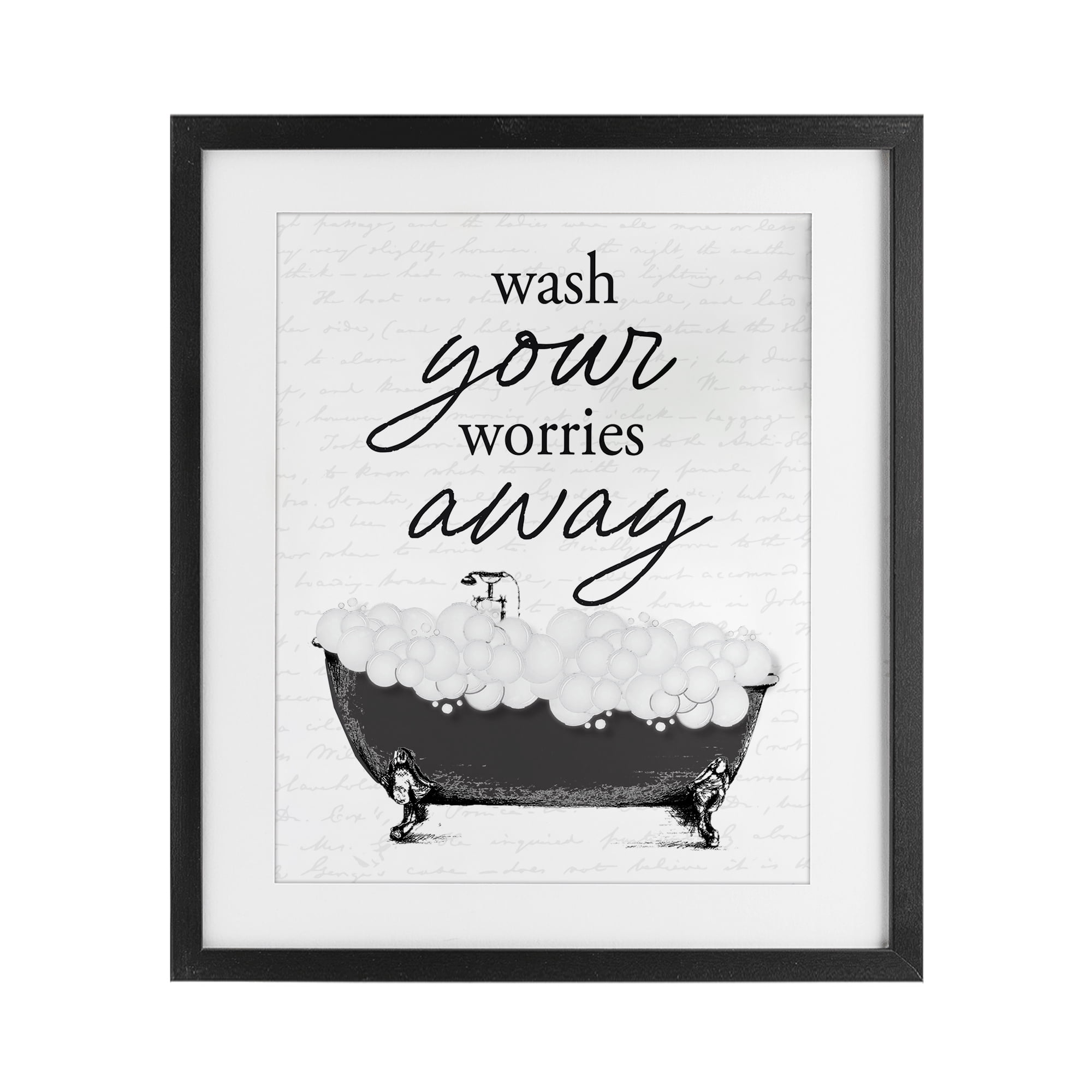 Bubble Bath Wash Worries Black Framed Print Under Glass, design by Lettered and Lined