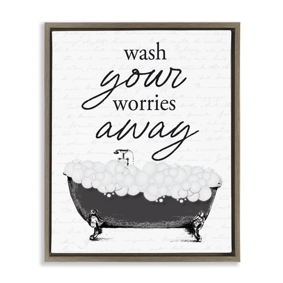 Stupell Industries Farmhouse Bubble Bath Wash Worries Brown Floating Frame Canvas Art, 25 x 31, by Lettered and Lined