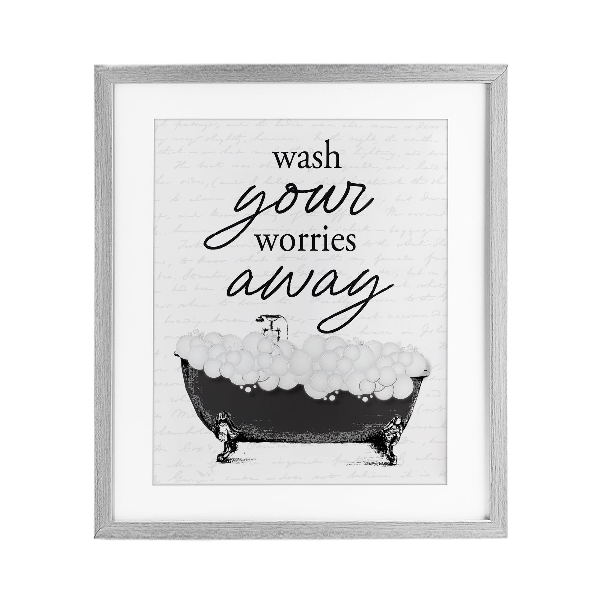 Bubble Bath Wash Worries Gray Framed Print Under Glass, design by Lettered and Lined