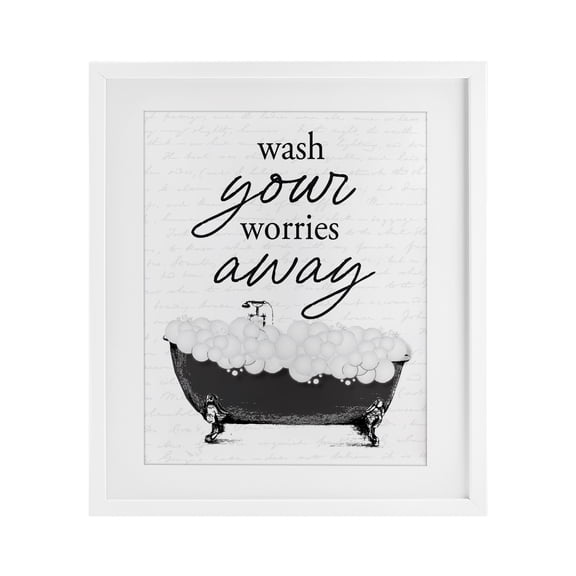 Bubble Bath Wash Worries White Framed Print Under Glass, design by Lettered and Lined