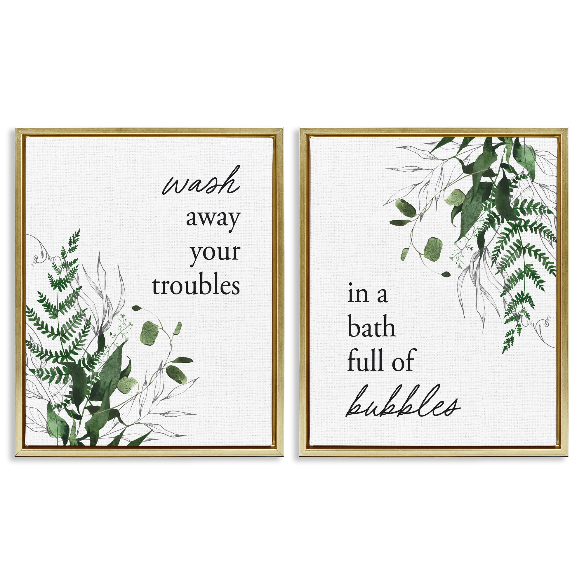 Bubble Bath with Forest Foliage 2 Piece Gold Framed Floater Canvas Set, design by Lettered and Lined