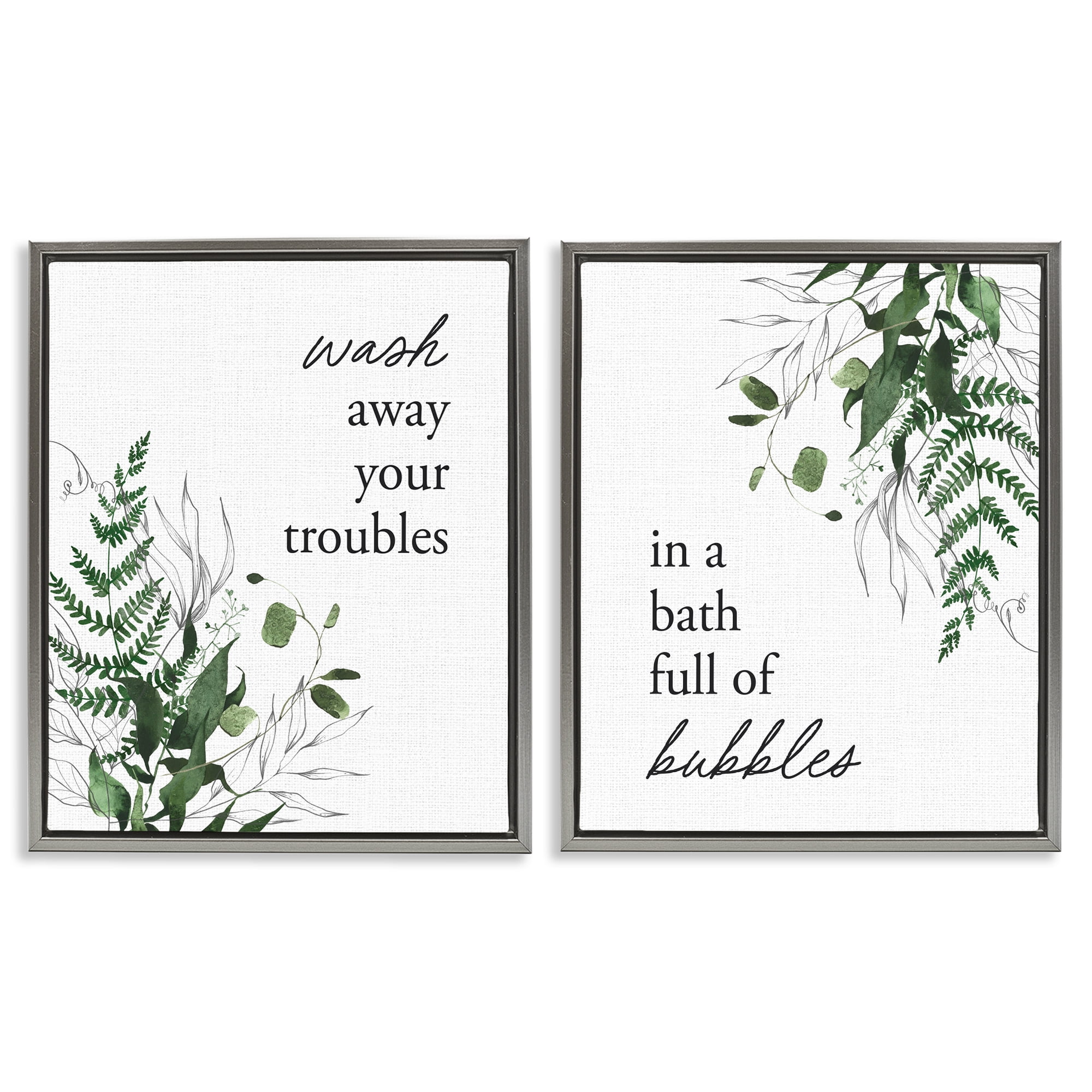 Bubble Bath with Forest Foliage 2 Piece Gray Framed Floater Canvas Set, design by Lettered and Lined