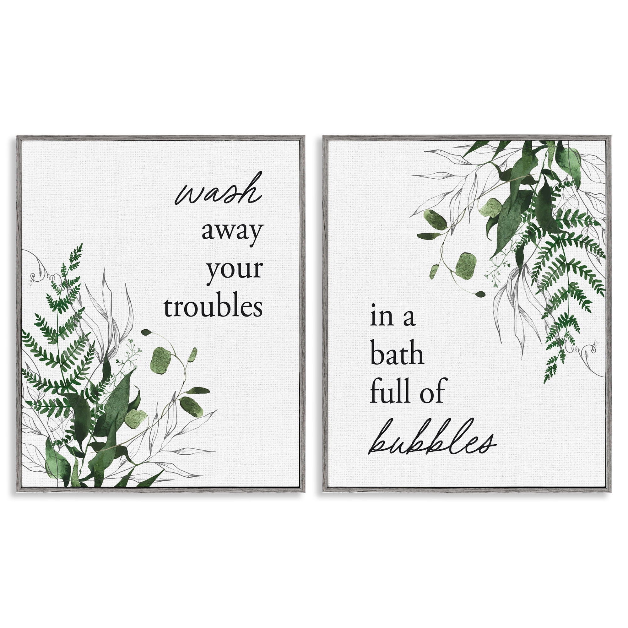 Bubble Bath with Forest Foliage 2 Piece Gray Framed Giclee Art Set, design by Lettered and Lined