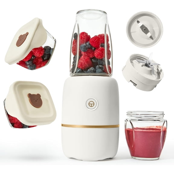 Bubble Blender, Baby Food Maker & Puree Blender with 2 Borosilicate Glass Cups, Compact Baby Bullet for Smoothies, Hands-Free One-Touch, 200W Motor, Cream