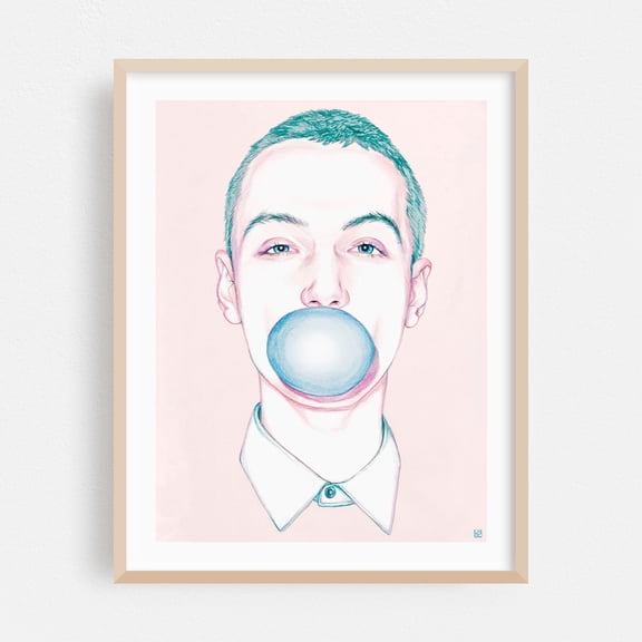 Bubble Boy - Illustration Pop Art Modern Art Surrealism Humor Minimalist Portrait Whimsical Oak Framed Wall Art Print 5 x 7 inches