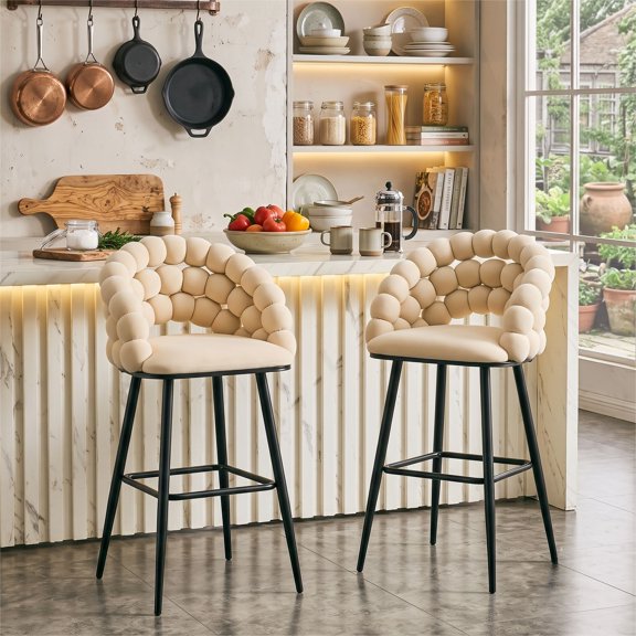 Bubble Counter Height Bar Stools Set of 2, Modern Beige Velvet Cloud Bubble Back Bar Chairs with Matte Black Metal Legs, Upholstered Padded Breakfast Stools for Kitchen Island Home Bar