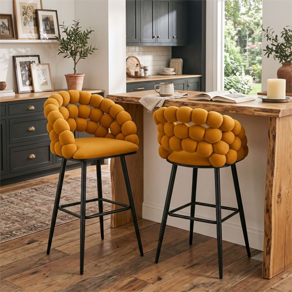 Bubble Counter Height Bar Stools Set of 2, Modern Orange Velvet Cloud Bubble Back Bar Chairs with Matte Black Metal Legs, Upholstered Padded Breakfast Stools for Kitchen Island Home Bar