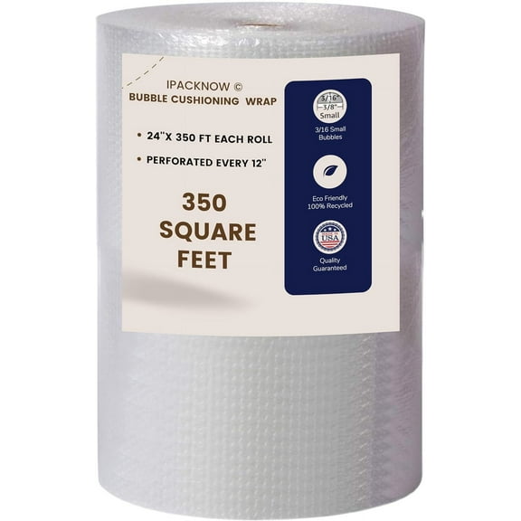 Bubble Cushion Wrap 350 Square Feet Total 1 Rolls 24 Inch x 350 Feet 3/16 Small Bubbles Perforated Every 12" for Packaging Moving Shipping Boxes Supplies 1 Rolls 24'' Wide