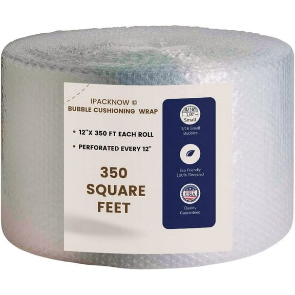 Bubble Cushion Wrap Roll 12 Inch x 350 Feet Total 3/16 Small Bubbles Perforated Every 12" for Packaging Moving Shipping Boxes Supplies 1 Roll 12'' Wide 350 Feet x 1