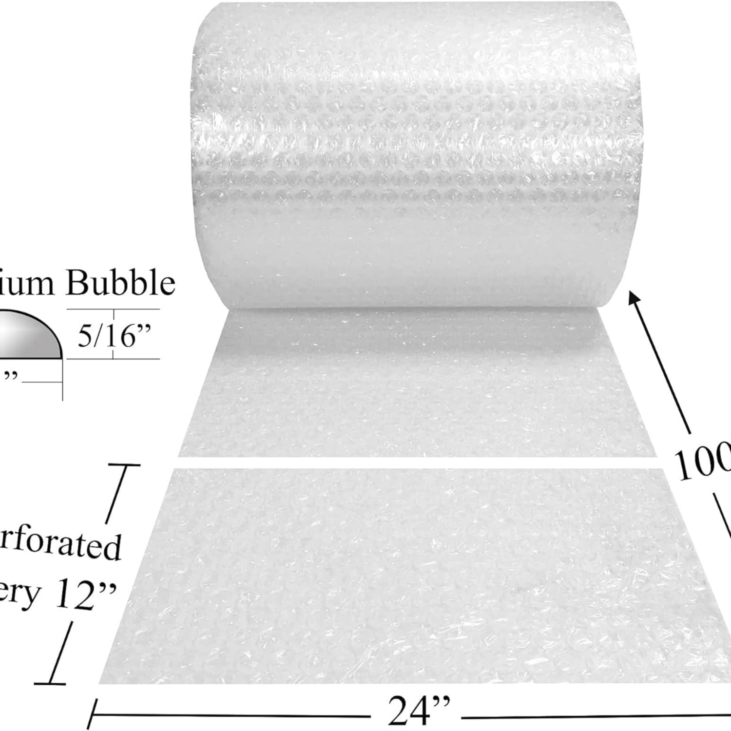 Bubble Cushioning 24" wide Wrap x 100' Long Medium Bubbles 5/16",Clear