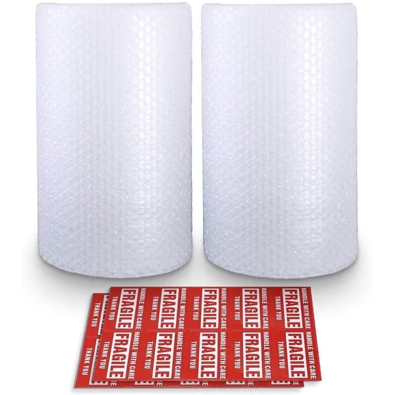 Bubble Cushioning Wrap Roll 2 Pack 3/16" Air Bubble 12 Inch x 74 Feet Total, Perforated Every 12 Inch with 20pcs Fragile Stickers Packing Supplies for Heavy-Duty Moving Shipping