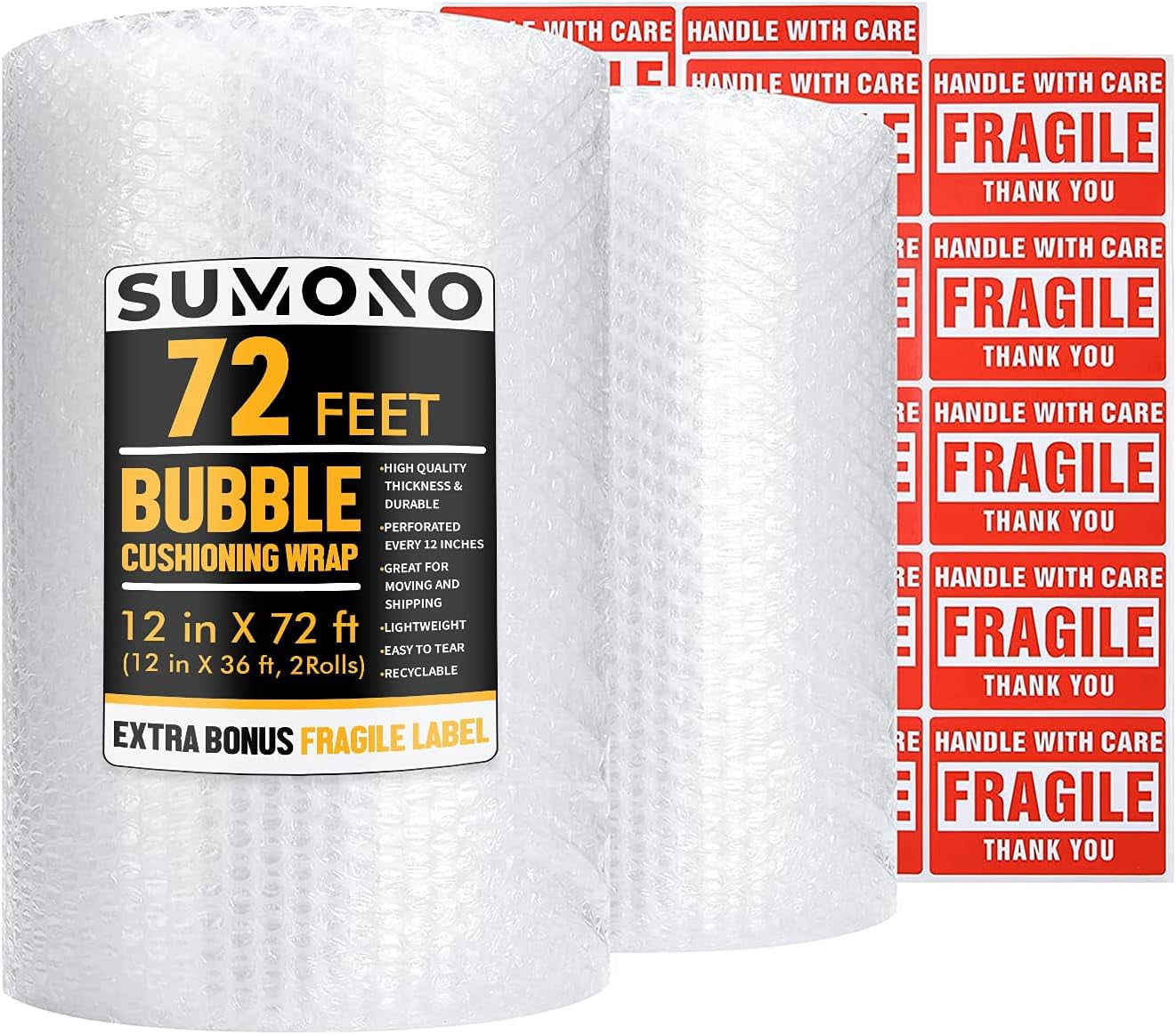 Bubble Cushioning Wrap Roll, 12 Inch x 72 Feet Total [2 Rolls of 36 Feet] Roll Perforated Included 20 Fragile Sticker Label