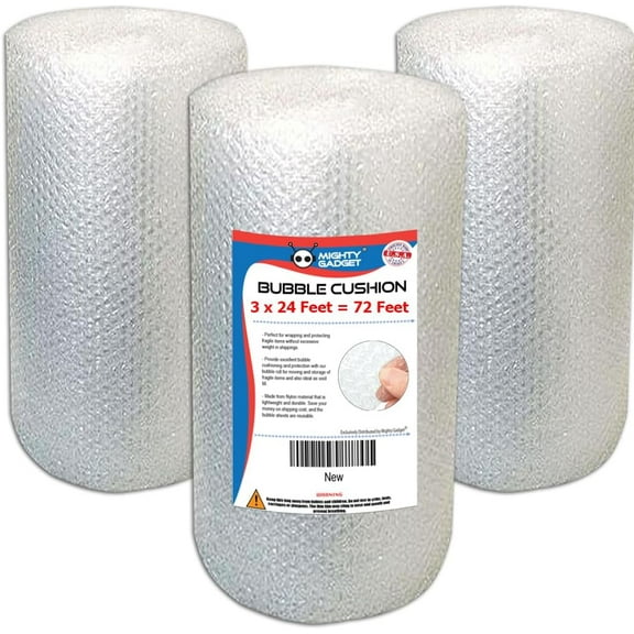 Mighty Gadget Durable Reusable Bubble Cushioning Wrap Rolls, 3 x 24ft, Perforated, Lightweight, Pack of 3