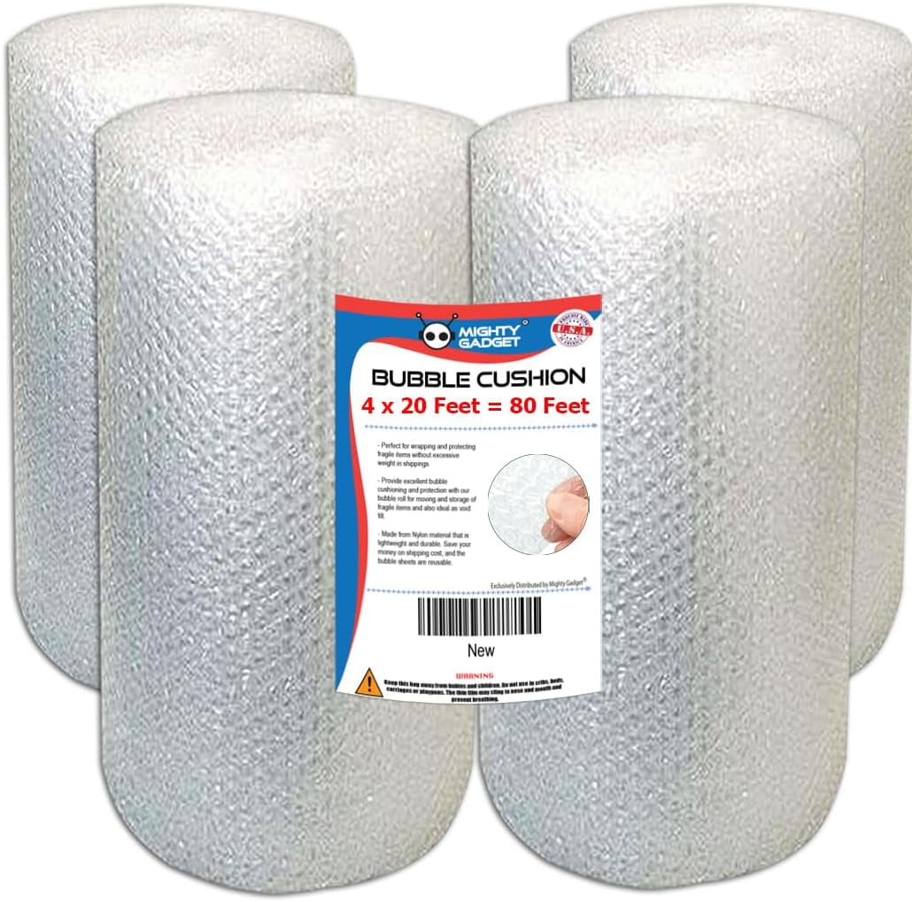 Bubble Cushioning Wrap Rolls, 4 x 20 Feet, Perforated Every 12", Lightweight, 4 Pack