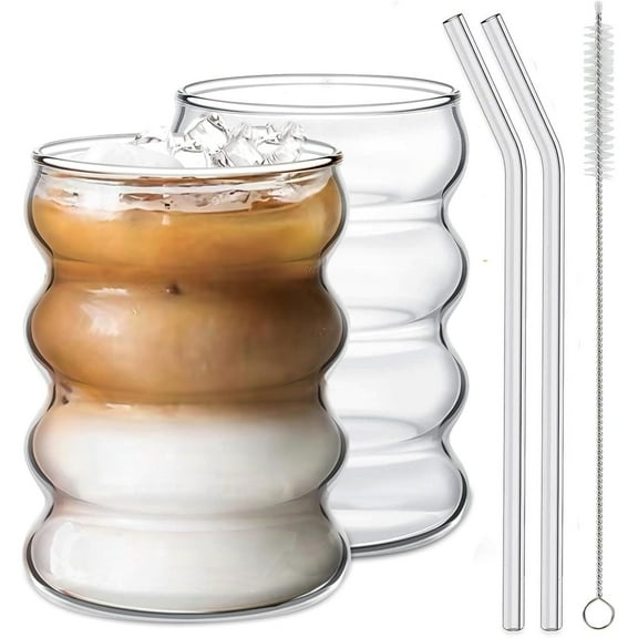 2PCS Wave Bubble Beverage Glasses With Straws, 12 Oz Vintage Glass Cups, Aesthetic Iced Coffee Glasses, Ripple Glassware, Beer Glasses - Stylish Drinkware for Every Occasion