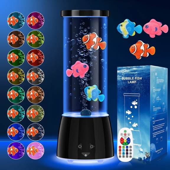 Bubble Fish Table Lamp with 16 Color LED Lighting, Artificial Fish Aquarium Display Lamp, USB Powered Decorative Desk Lamp for Bedroom, Living Room and Office