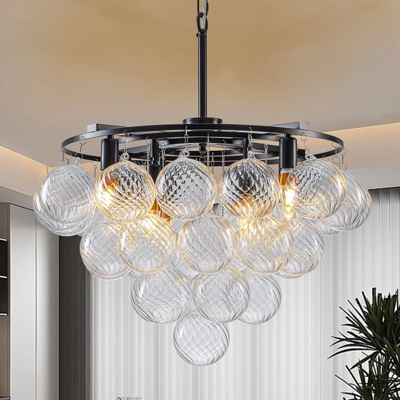 Bubble Glass Globe Chandelier 24-inch Large Matte Black 8-Light Murano Style for High Ceiling Dining Living Room
