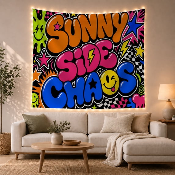 Bubble Graffiti "SUNNY SIDE CHAOS" on Black Background, Playful Retro for Pop Art Fans, Art Decor Long-Tail Phrase, Friendship Gift Tapestry Wall Hanging for Bedroom and Living Room
