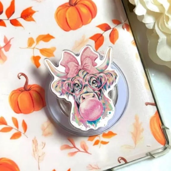 Bubble Gum Highland Cow Phone Grip: Pink Bow Cowgirl Socket, Coquette Cow