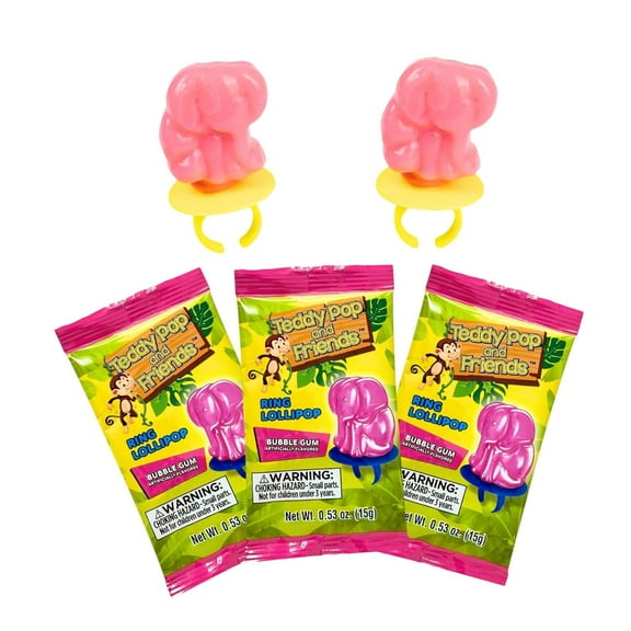 Bubble Gum Teddy Pop and Friends Ring Lollipops 30 Count Individually Wrapped Gluten Free Nut Free Pink Elephant Wearable Candy Party Favors
