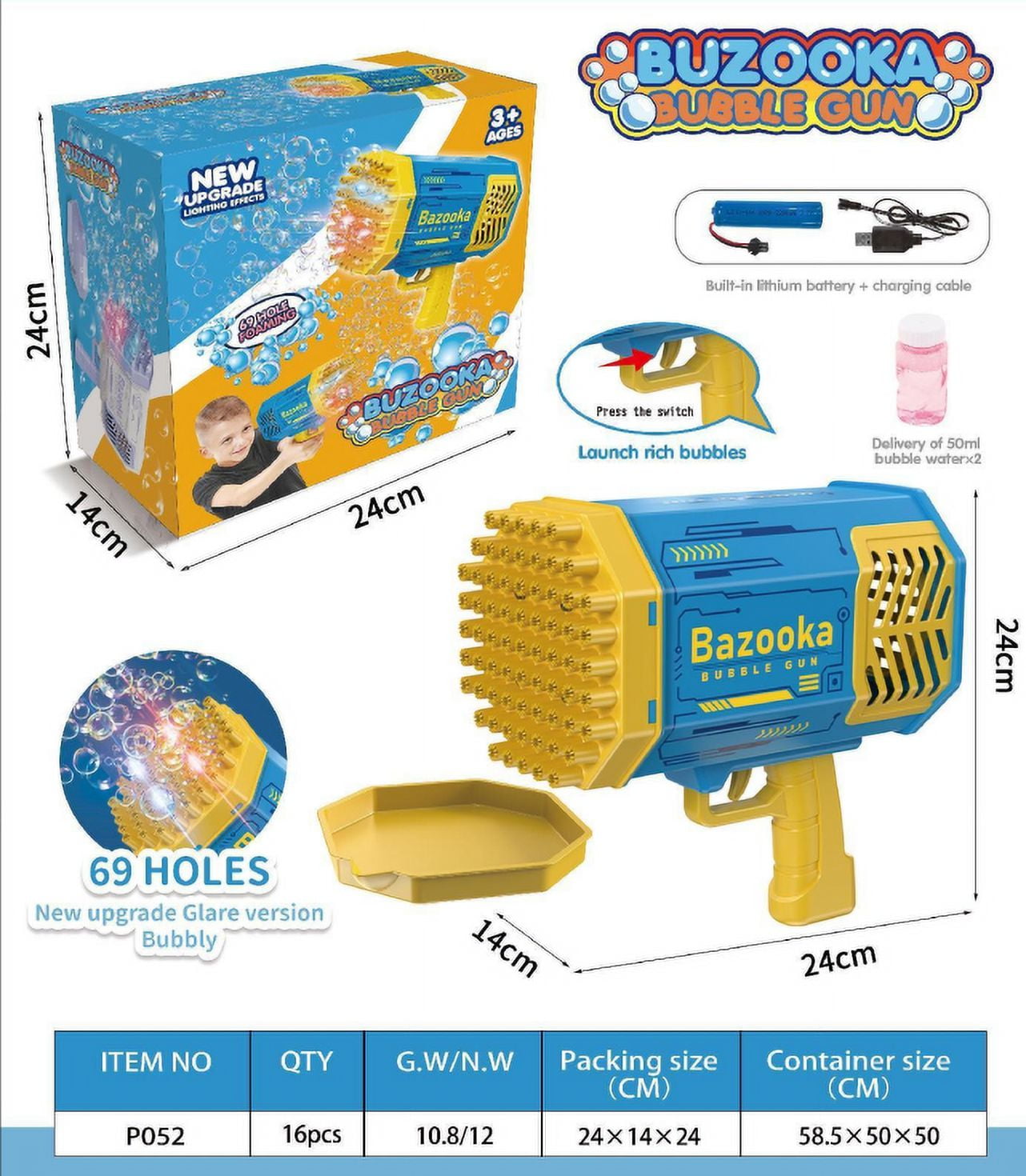  Bubble Machine Bubble Gun 69 Holes with Colorful