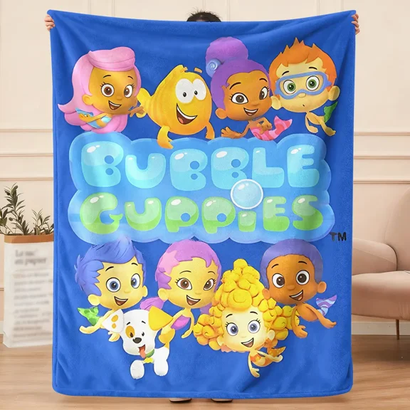 Bubble Guppies Cartoon Character Flannel Blanket Soft Warm Throw Blanket Blue Background Sofa Bed Bedroom Decor